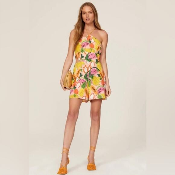 Anthropologie Hutch Orange Yellow Pink Mixed Fruit Halter Romper NWT Size 4 - Picture 1 of 16
